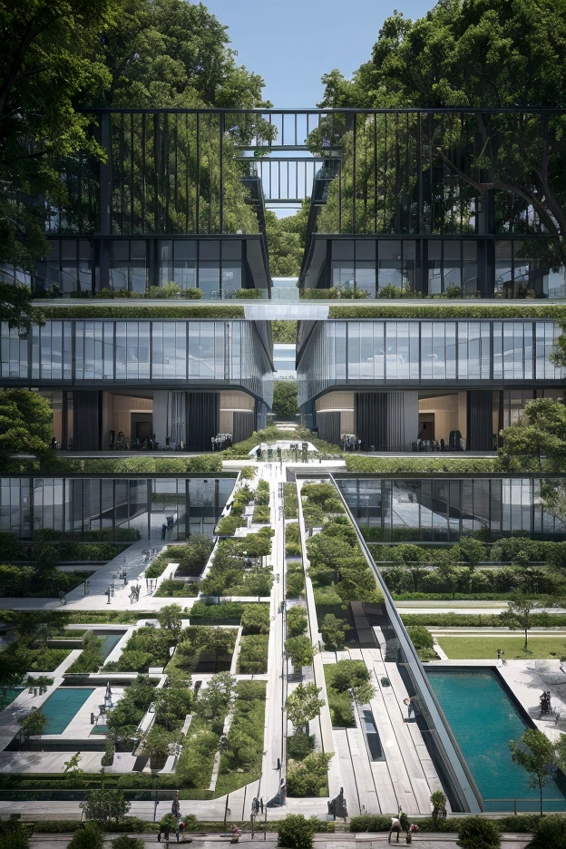 museum building made of dark green metal panels, surrounded by black water and bronze sculptures in the style of Zaha Hadid on an open field with blue sky, pools, reflections, people, gate, ancient