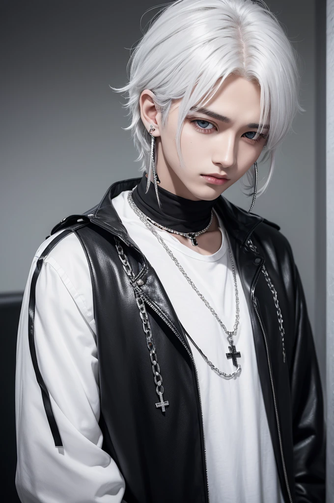 Boy with white messy hair, eyes black, silver chain, black plain blouse, cross earring, bonitas, stylish