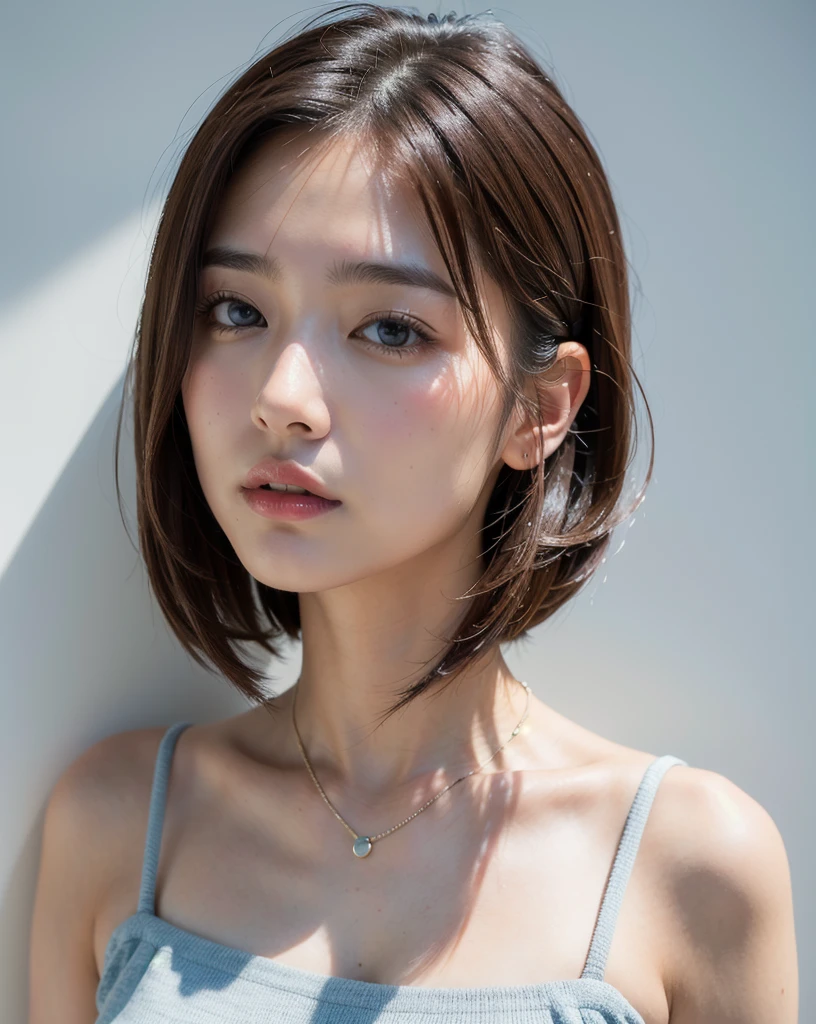 (Highly realistic photos, High resolution, Detailed face, Fine grain), ((Photographed in front of a white wall))、Japanese women, 20-year-old, A variety of expressions, alone:1, Slim figure, Various hairstyles, Casual clothing, 写真の中でalone、Selfie、Photographed in natural light、Simple Necklace、Spring Clothes、Looking at the camera、profile、Dark brown hair color　Scrolling through your phone　Eyes on the phone