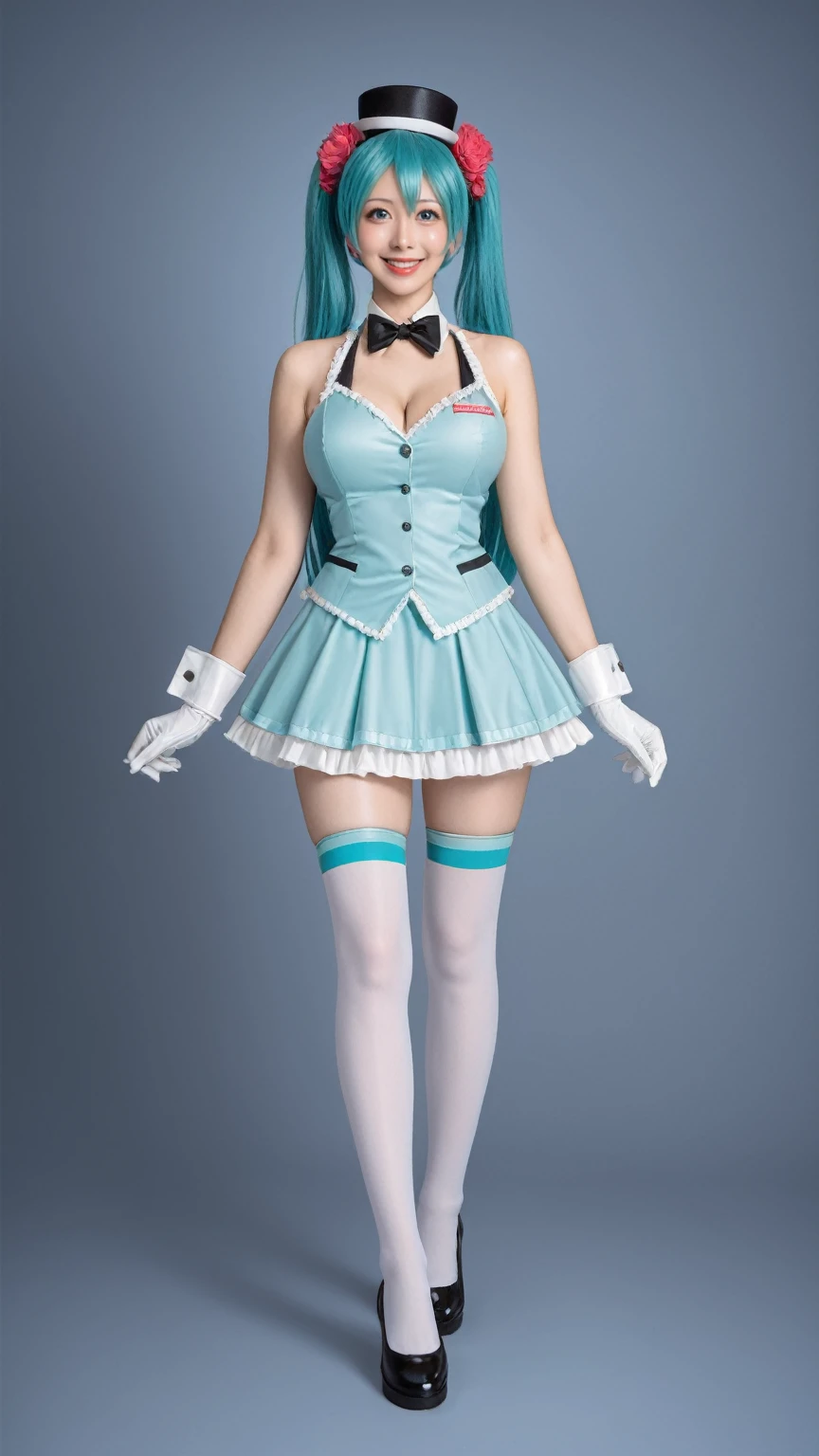score_9, score_8_up, score_7_up, BREAK,
hatsune miku cosplay costume, hatsune miku, magical mirai miku, cosplay, aqua hair, twintails, very long hair, vest, sleeveless dress, frills, asymmetrical gloves, bowtie, mini hat, hair ornament, gloves, wrist cuffs, asymmetrical legwear, vertical-striped thighhighs, shoes ((Bare shoulders)), ((Full breasts)), ((Very big breasts)), ((The skirt is very short)), ((Very beautiful legs)), ((Standing)), ((cowboy shot)), actual, Fashion Girl, red lips, Mature women, Exquisite makeup, big eyes, beautiful, (best quality, masterpiece:1.2), Super detailed, (actual:1.37), ((Random Scenes, Random shooting angle)), Young and energetic, Charming model, (Exquisite eyes, delicate lips), Show a bright smile, Create stunning girl images, warm color, Extremely saturated colors, Official Art, Extremely detailed CG, Unity 8k Wallpaper, (High Dynamic Range :1.4), (Movie atmosphere),(Soft colors), (Natural skin texture, ultra-actual, Soft Light, sharp),(Very detailed), night, moonlight, ((Correct Legs)), ((Anatomically correct))