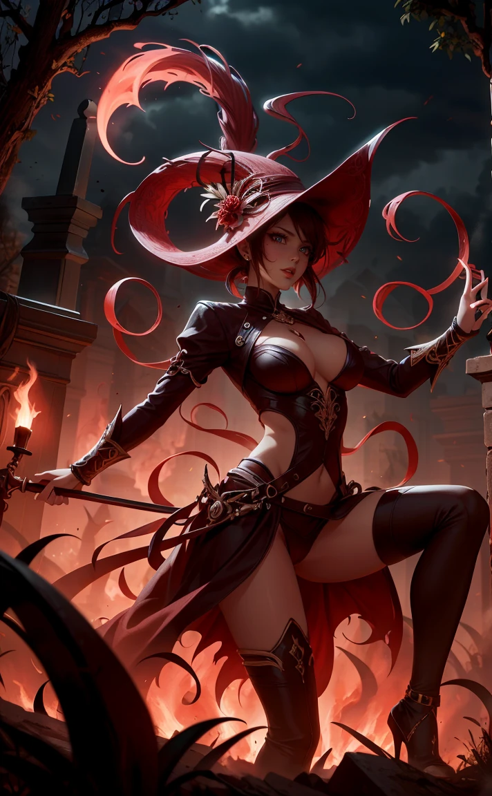 Sexy vampire girl in cemetery lit by flames, she is holding a spear, fully body, movement pose