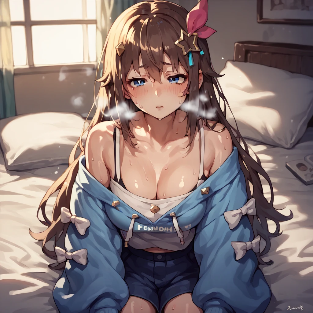 Score_9, score_8_up, score_7_up, score_6_up, source_anime, rating:general,1girl,solo,in narrow bedroom,heavy breath,shiny skin,sweat,,TokinoSora, long hair, star hair ornament, blue eyes,slutty_clothes,