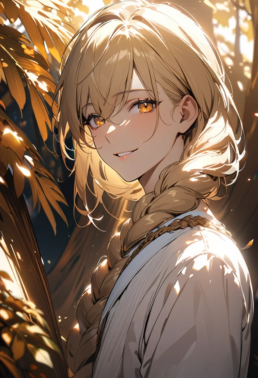 1boy, long blonde hair loosely braided, golden eyes, subtly holy glow, looking at viewer, smiling, girly boy, giant golden tree background, textured skin, award winning, high details, incredible high-key lighting and shadows, masterpiece, UHD, UHD, UHD, UHD