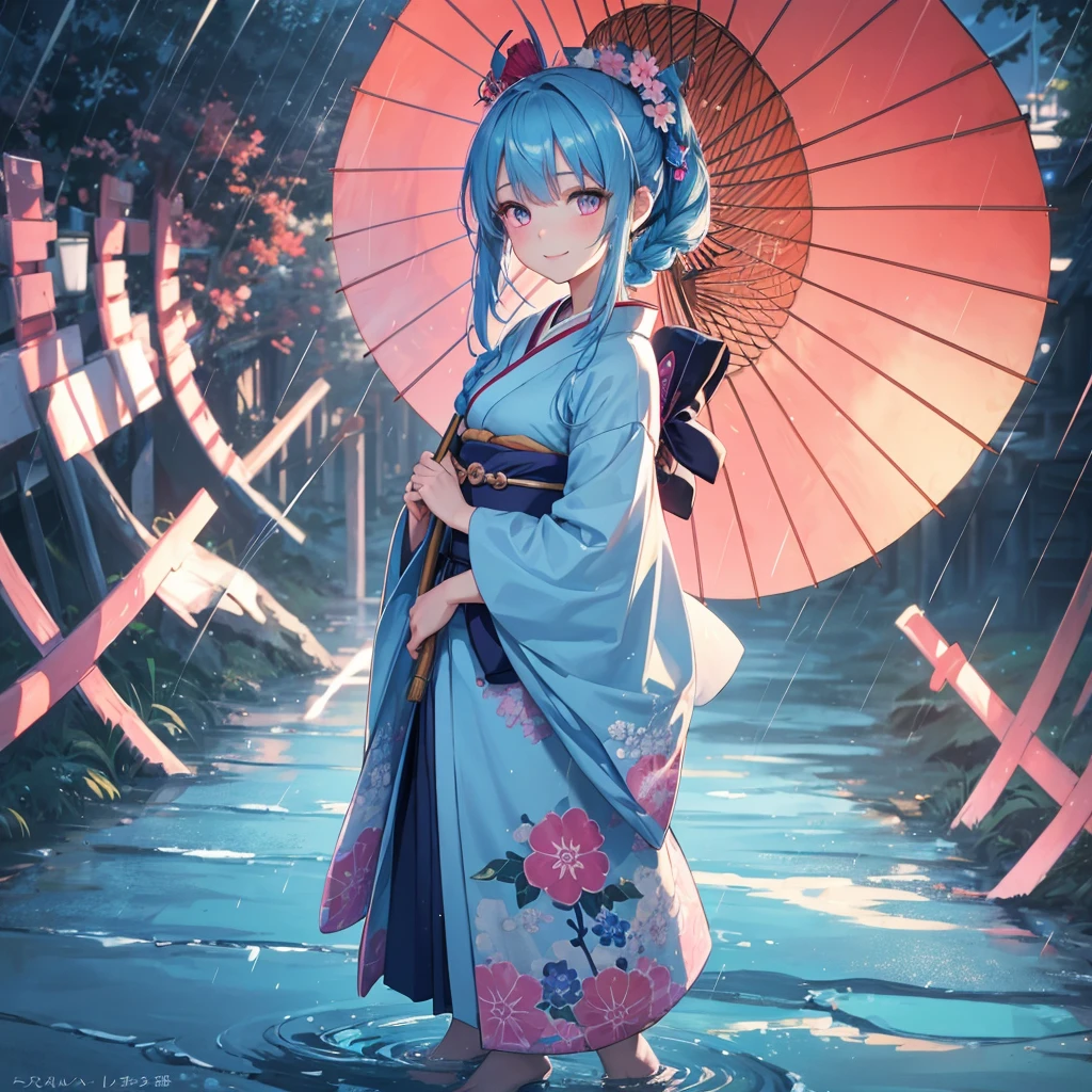 sky Blue hair, (braided ponytail),(pink eyes),fair skin ,(full body),(1 girl),smile,Straight Bangs,(masterpiece, best quality, ultra-detailed, best shadow), (detailed background), (beautiful detailed face), high contrast, (best illumination, an extremely delicate and beautiful), ((cinematic light)), colorful, hyper detail, dramatic light, intricate details,rain shower,kyoto,Japanese Umbrella,kimono,