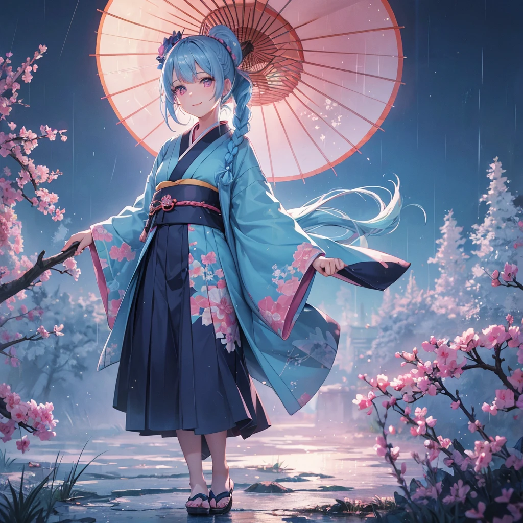 sky Blue hair, (braided ponytail),(pink eyes),fair skin ,(full body),(1 girl),smile,Straight Bangs,(masterpiece, best quality, ultra-detailed, best shadow), (detailed background), (beautiful detailed face), high contrast, (best illumination, an extremely delicate and beautiful), ((cinematic light)), colorful, hyper detail, dramatic light, intricate details,rain shower,kyoto,Japanese Umbrella,kimono,