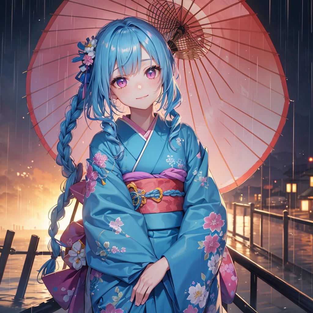 sky Blue hair, (braided ponytail),(pink eyes),fair skin ,(full body),(1 girl),smile,Straight Bangs,(masterpiece, best quality, ultra-detailed, best shadow), (detailed background), (beautiful detailed face), high contrast, (best illumination, an extremely delicate and beautiful), ((cinematic light)), colorful, hyper detail, dramatic light, intricate details,rain shower,kyoto,Japanese Umbrella,kimono,
