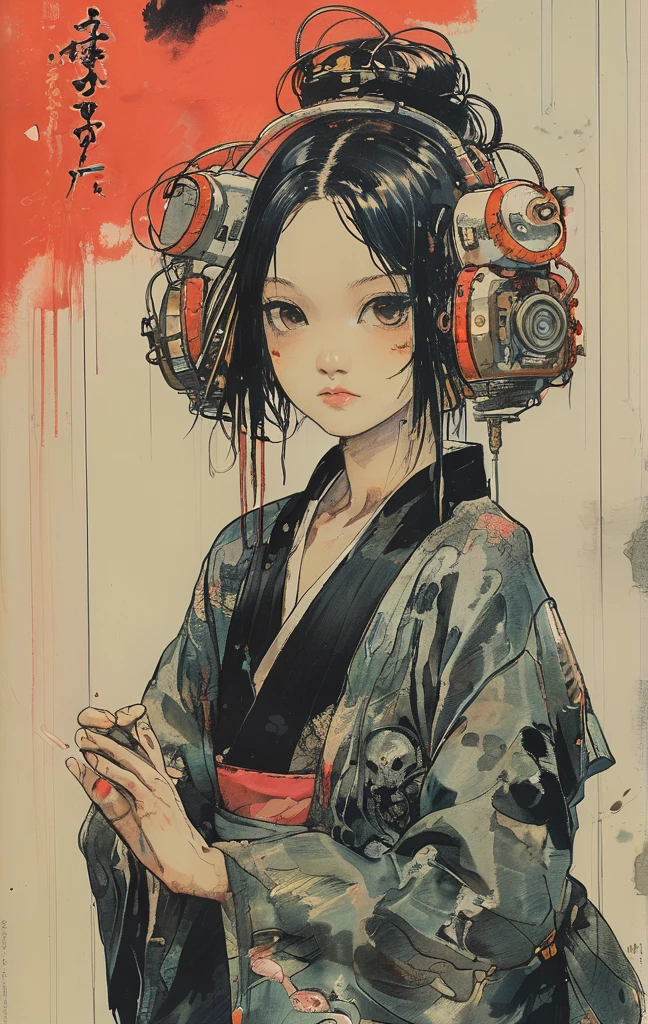 (highest quality, sketch:1.2), High resolution:0.75, Illustrator,anime, 1 girl, detailed lips, yukata、green dress,custom, (Dark monochrome background),neon hair,Texture Cropping, masterpiece, style, Retro Classic, Dark Black, Art Station, sketch book, bob hair [green:1.75] [neon:1.32], (Dark monochrome background:2.1), epic realistic, detailed、1 female demonic  cyborg , tubes connected to the wall
beautiful 
long black hair
praying
mechanical limbs
red turtle neck tight
skulls
(color ink painting by  Katsuhiro Otomo, Moebius, Victo Ngai	 Katsuya Terada, Aaron Horkey )