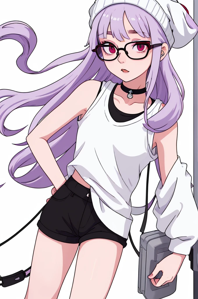 girl, white background, [white beanie], bangs, light purple hair, red eyes, glasses, [black tanktop], choker, short pants