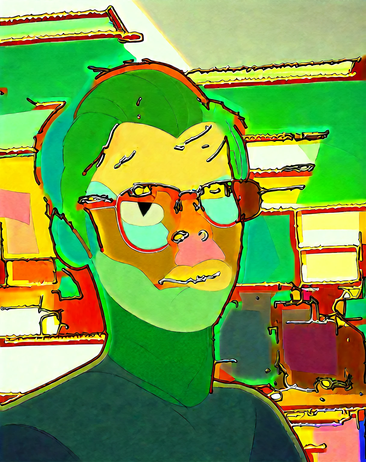 there is a man with glasses on in an office, 8k selfie color paint, chipi picture (38 years old)