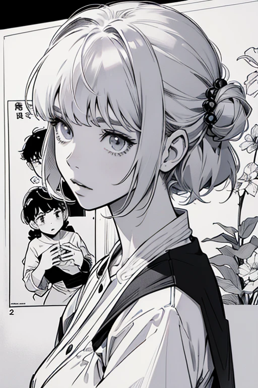 line-drawing, comic strip, monochromes, illustratio, 1girl in, masutepiece, Best Quality, Super Detail
