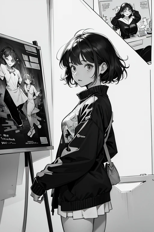 line-drawing, comic strip, monochromes, illustratio, 1girl in, masutepiece, Best Quality, Super Detail