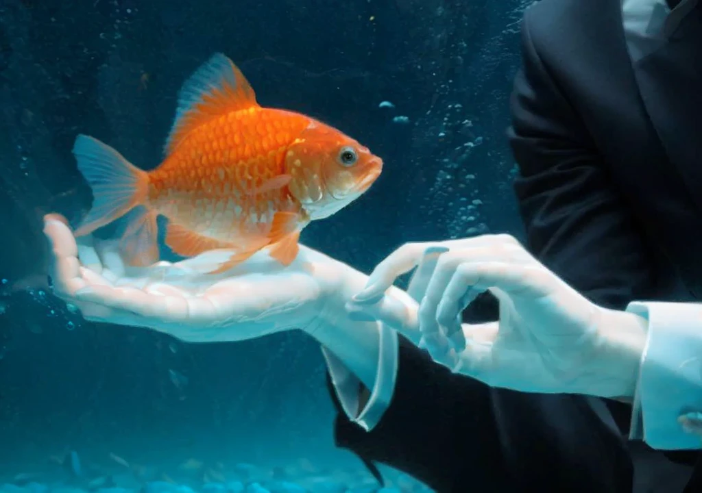 Powerful male hands underwater, with goldfish, cinematic lighting, unreal engine, trending on ArtStation, intricate details, masterpiece, best quality, by Irakli Nadar, Greg Rutkowski,(((best quality))),(((ultra detailed))),(((masterpiece)))