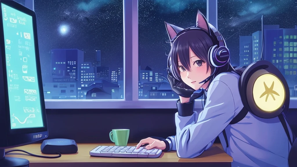 A high-quality anime illustration of a cat wearing headphones, staring at a computer screen. The cat should be focused on the computer, appearing to be researching something. In the background, through a window, there should be a night scene with stars or city lights. The illustration should be well-balanced and free from any distortions or inconsistencies.
