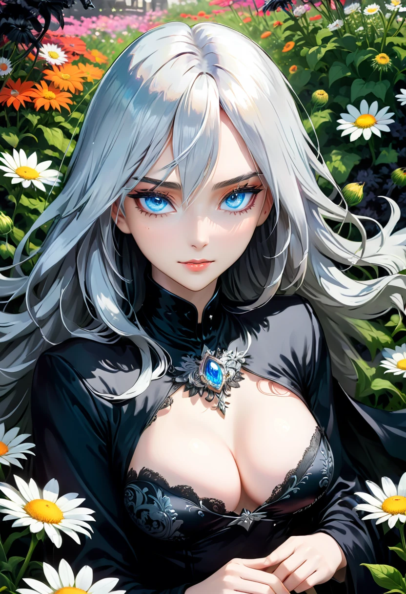 Exquisite and charming anime style illustration, alucard fusão com sarada dark sexy Big tits fênix in the daisy flower bed, a beautiful girl with silver hair, blue eyes, half body, hiding in the flowers dark black , colorful and dazzling black . Intricate details, rendering and painting techniques come together to create a mesmerizing scene that evokes elegance and otherworldly elegance.