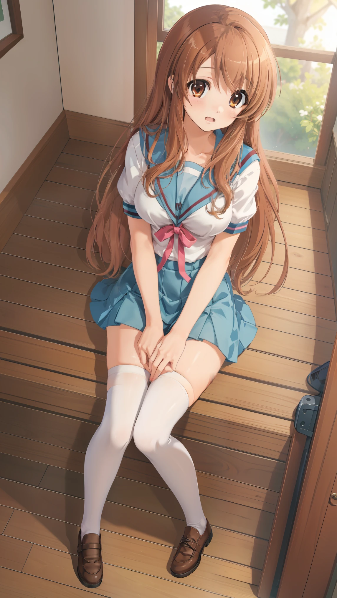 (masterpiece), highest quality, high resolution, illustration, game cg, asahina mikuru, detailed eyes, perfect face, serafuku, pleated miniskirt, thigh highs, school, hallway, sitting, (knees bent:1.2), (pantyshot)