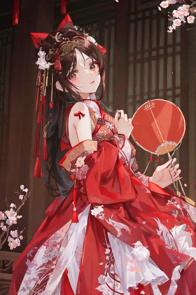there is a woman in a red dress holding a fan, brown hair, hanfu, chinese costume, chinese dress, chinese style, palace , a girl in hanfu, traditional chinese, chinese princess, traditional chinese clothing, white hanfu, cheongsam, traditional beauty, wearing ancient chinese clothes, anime girl , with acient chinese clothes
