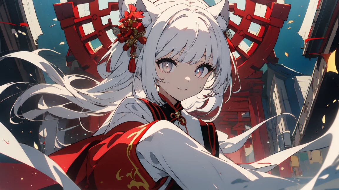 ((Highest quality、masterpiece、Shining Eyes、detailed))、1 Girl、Beautiful Face、short、、(White beast ears、Long white hair)、(Red cheongsam with pants style)、smile、Shrine precincts、Tag with elementary school students、Anime Style