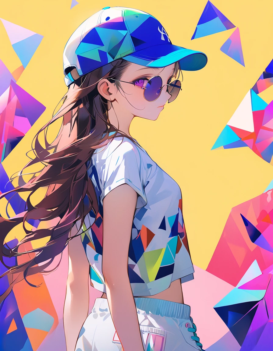 This is an illustration of a young girl with long hair. She is wearing a baseball cap, t-shirt, shorts and sneakers. She is standing with her back to the viewer and her head is turned to the side. The background is made up of abstract geometric shapes in shades of colorful.