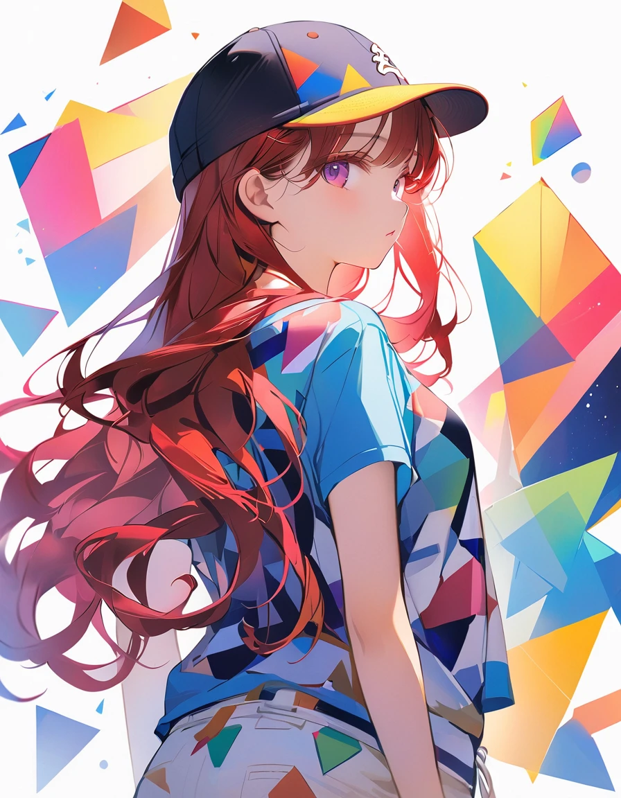 This is an illustration of a young girl with long hair. She is wearing a baseball cap, t-shirt, shorts and sneakers. She is standing with her back to the viewer and her head is turned to the side. The background is made up of abstract geometric shapes in shades of colorful.