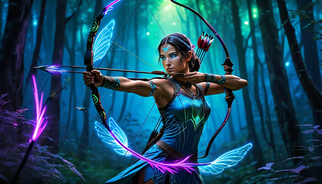 a UV light painting of an archer. The archer stands poised, bow drawn, with luminescent arrows glowing in vivid shades of blue and green. His muscular form is highlighted by intricate patterns of bioluminescent paint, creating an ethereal aura. The background reveals a dark forest, trees outlined in neon purples and pinks, with glowing fireflies adding a mystical touch. The archer's eyes are intensely focused, reflecting the UV light, while a streak of electric blue traces the path of a released arrow.