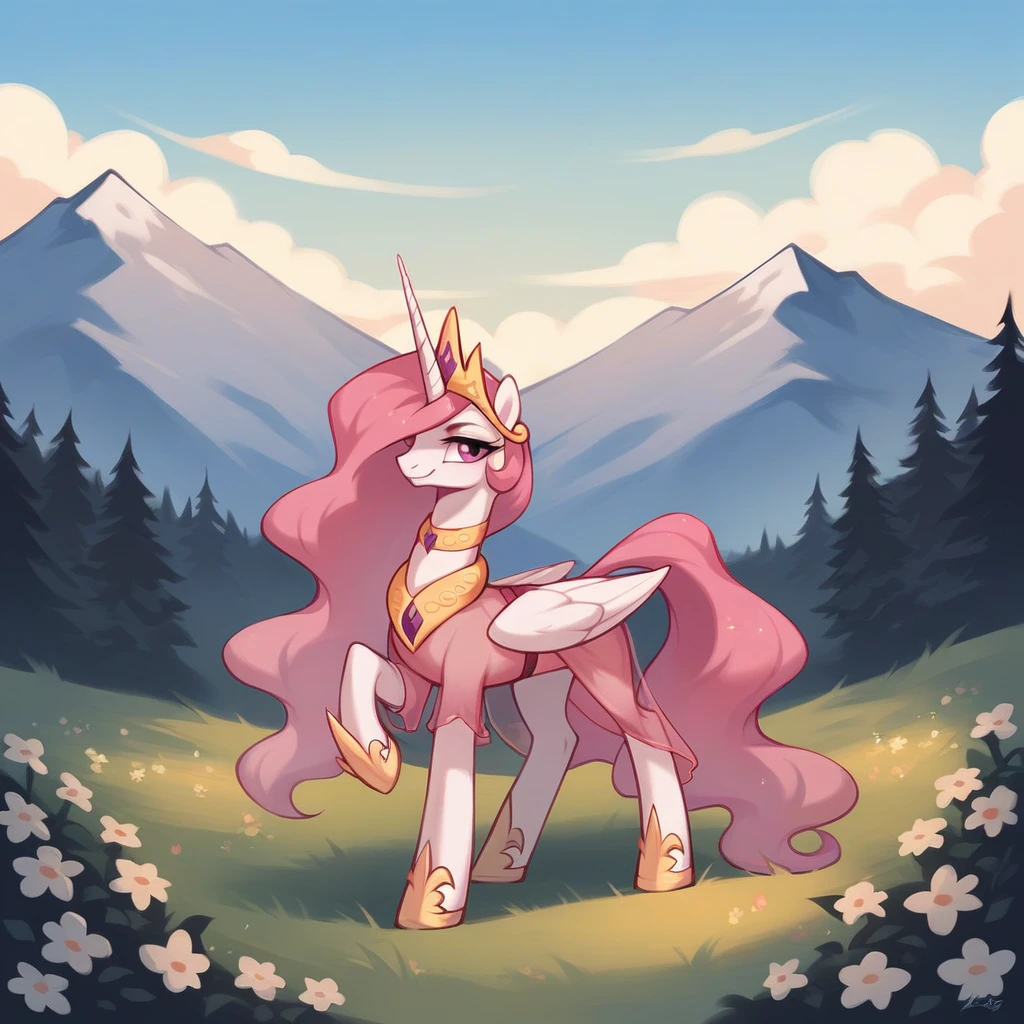 score_9, score_8_up, score_7_up, score_6_up, score_5_up, score_4_up, rating_explicit, outdoors, purple (see through pink dress and neck choker), solo, feral pony, princess  celestia with pink mane, evil smile, closed mouth,BREAK mountain, day, sky, flower, mountainous horizon, blue sky, grass 