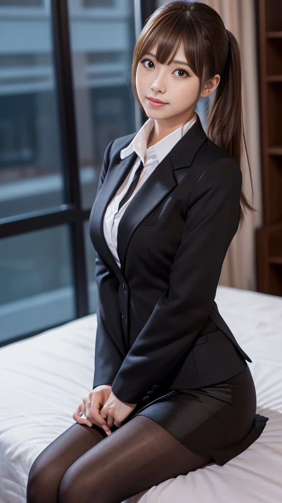 One girl, alone, pantyhose, Brown eyes, View your viewers, (オフィスレディsuit), Sit on the bed, Brown Hair, Medium Hair, Messy Hair, Asymmetrical bangs, Short Ponytail, Black jacket, blush, (White collared shirt), Black tight skirt, Long sleeve, suit, Large Breasts, Cleavage, formal, smile, Black pantyhose, Beautiful girl ,8K, High resolution,RAW Photos, (Tabletop:1.2), (Highest quality:1.2), Realistic, Photorealistic, Sharp focus,Moody lighting, Blue Hour, Japanese Idols, 28 years old, expensive, Glamour, side、