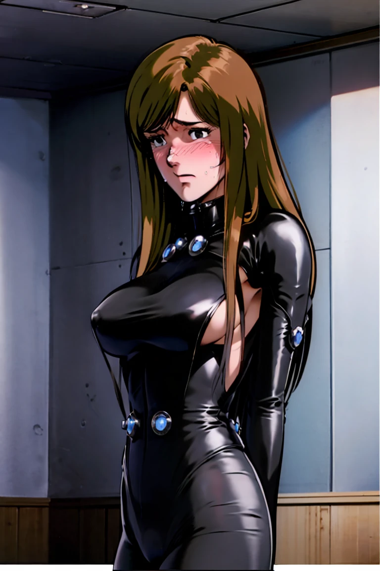 put hands cheek,(embarrassed face:1.4),(blush:1.4),reika\(gantz black suit\), (8k, best quality, masterpiece:1.2), (realistic, photo-realistic:1.37), large breasts,ultra-detailed, 1 girl,cute, solo, sad, beautiful face, black eyes,in room,looking at viewer