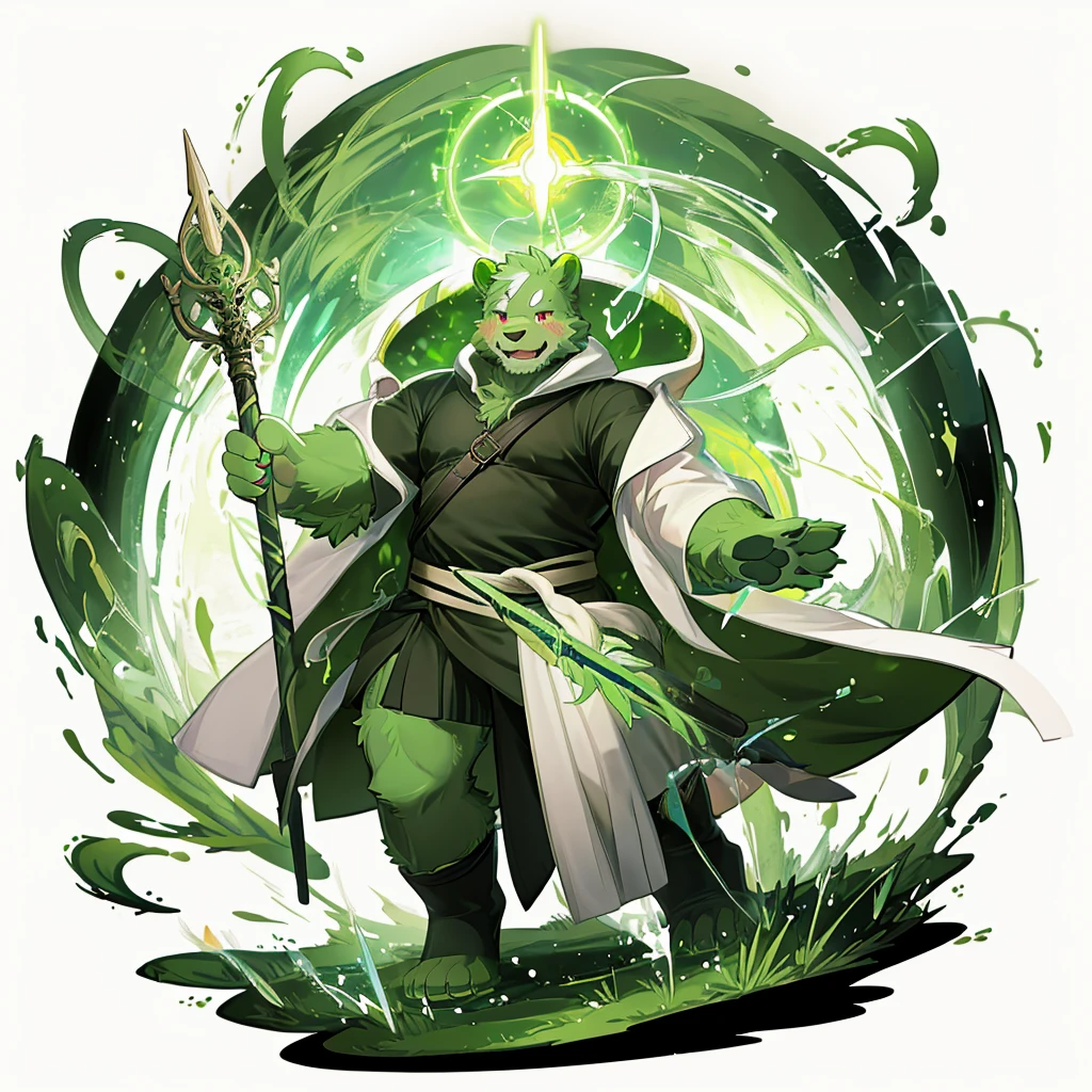 anthro, kemono, male, solo, (((green bear))), (((green fur))), green hair, red eyes, beard, white eyebrows, sexy, blush, wink, white background, mage staff, magic, (black t-shirt inside), (((white unhooded trench coat ))), full body, splash art,
