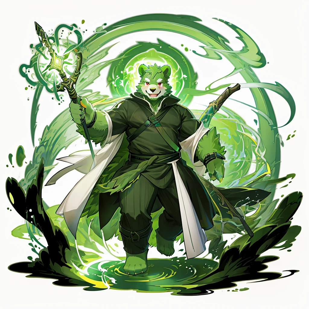 anthro, kemono, male, solo, (((green bear))), (((green fur))), green hair, red eyes, beard, white eyebrows, sexy, blush, wink, white background,  mage staff, magic, (black t-shirt inside), (((white unhooded trench coat ))), full body, splash art, 