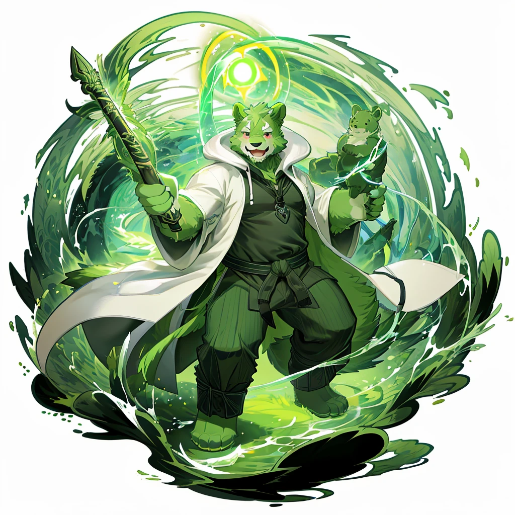 anthro, kemono, male, solo, (((green bear))), (((green fur))), green hair, red eyes, beard, white eyebrows, sexy, blush, wink, white background,  mage staff, magic, (black t-shirt inside), (((white unhooded trench coat ))), full body, splash art, 