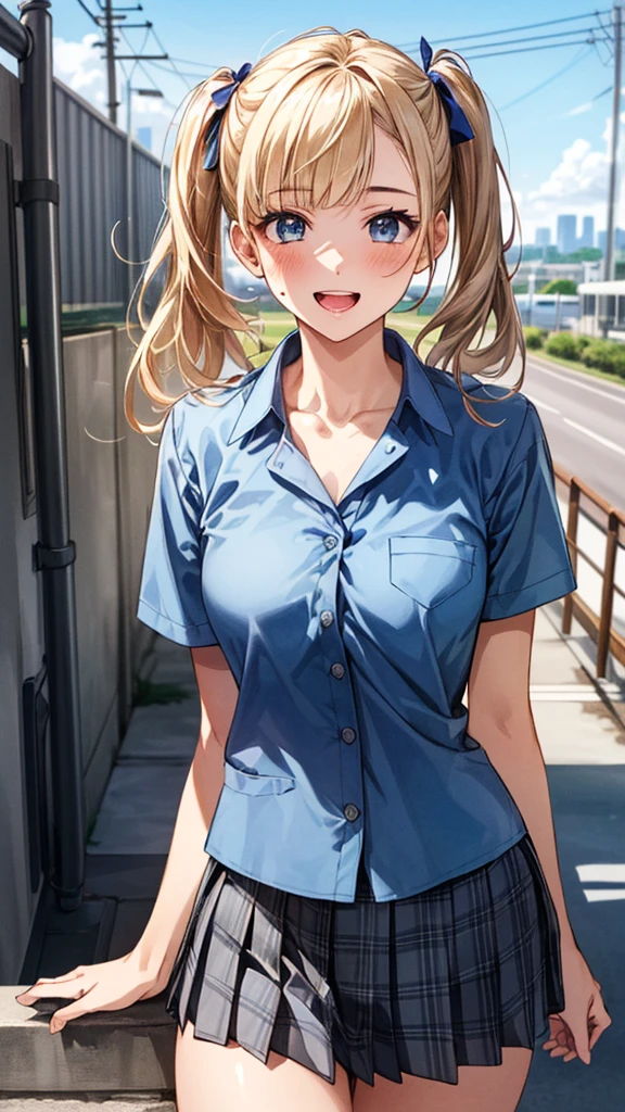 (masterpiece:1.3, Highest quality, Ultra-high resolution, Very detailed), (Realistic:1.1, photoRealistic:1.4), Beautiful illustrations, Perfect lighting, colorful, Written boundary depth,
Beautiful detailsまでこだわった髪, Beautifully detailed face, Beautiful details, Beautiful clavicle, Beautiful body, Beautiful breasts, Beautiful thighs, Beautiful legs, Beautiful fingers,
View your audience, 1 Girl, Japanese, high school girl, Perfect Face, (Perfect Anatomy, Anatomically correct), Cute and symmetrical face, , Sunburn, Shiny skin,
(Mid-length hair:1.5, Twin tails:1.2, blonde), Asymmetrical bangs, blue eyes, Long eyelashes, (Medium Chest), thin,
((Collared short-sleeved shirt, Light blue shirt, , Grey plaid pleated skirt, To the Navy)), No pants,
(Beautiful views), evening, (Outdoor, distant cityscape), Are standing, (peace sign), (Cute Smile, 鬠红、Upward glance, Open your mouth), (Perverted old man opens up girl'Cat:1.3),