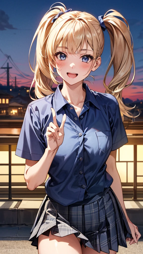 (masterpiece:1.3, Highest quality, Ultra-high resolution, Very detailed), (Realistic:1.1, photoRealistic:1.4), Beautiful illustrations, Perfect lighting, colorful, Written boundary depth,
Beautiful detailsまでこだわった髪, Beautifully detailed face, Beautiful details, Beautiful clavicle, Beautiful body, Beautiful breasts, Beautiful thighs, Beautiful legs, Beautiful fingers,
View your audience, 1 Girl, Japanese, high school girl, Perfect Face, (Perfect Anatomy, Anatomically correct), Cute and symmetrical face, Baby Face, Sunburn, Shiny skin,
(Mid-length hair:1.5, Twin tails:1.2, blonde), Asymmetrical bangs, blue eyes, Long eyelashes, (Medium Chest), thin,
((Collared short-sleeved shirt, Light blue shirt, , Grey plaid pleated skirt, To the Navy)), No pants,
(Beautiful views), evening, (Outdoor, distant cityscape), Are standing, (peace sign), (Cute Smile, 鬠红、Upward glance, Open your mouth), (Perverted old man opens up girl'Cat:1.3),