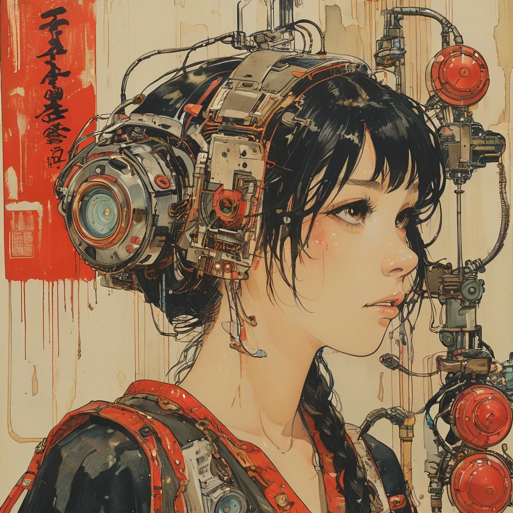 1 female demonic  cyborg , tubes connected to the wall
beautiful 
long black hair
praying
mechanical limbs
red turtle neck tight
skulls
(color ink painting by  Katsuhiro Otomo, Moebius, Victo Ngai	 Katsuya Terada, Aaron Horkey )、On a bright red campus"YES"Character、((Create), (top quality, masterpiece, outstanding work of art), (one young girl - 18 years old, nude, full growth, white hair, white skin, scarlet lips-smile; black, expressive playful eyes, long eyelashes), (black translucent - chiffon dress, gold line, very short peignoir dress), (very sexy body, seductive body, small beautiful breasts, genitals), (calm relaxed pose, hair fluttering in the wind, half turn, look at the viewer, stylish girl model)). ((Quality oil painting, outstanding craftsmanship, oil painting done by the hand of a master), (daylight, soft warm shadows, contrasting cold light, reflexes, refraction, tracing)). ((background - stunning blooming irises; (purple, yellow, blue, white), (petals, shoots)).((Highest quality workmanship, realism, oil painting, modern brushwork, master's hand, clear correct anatomy, grace, simplicity performance), (HD quality, clear focus)).