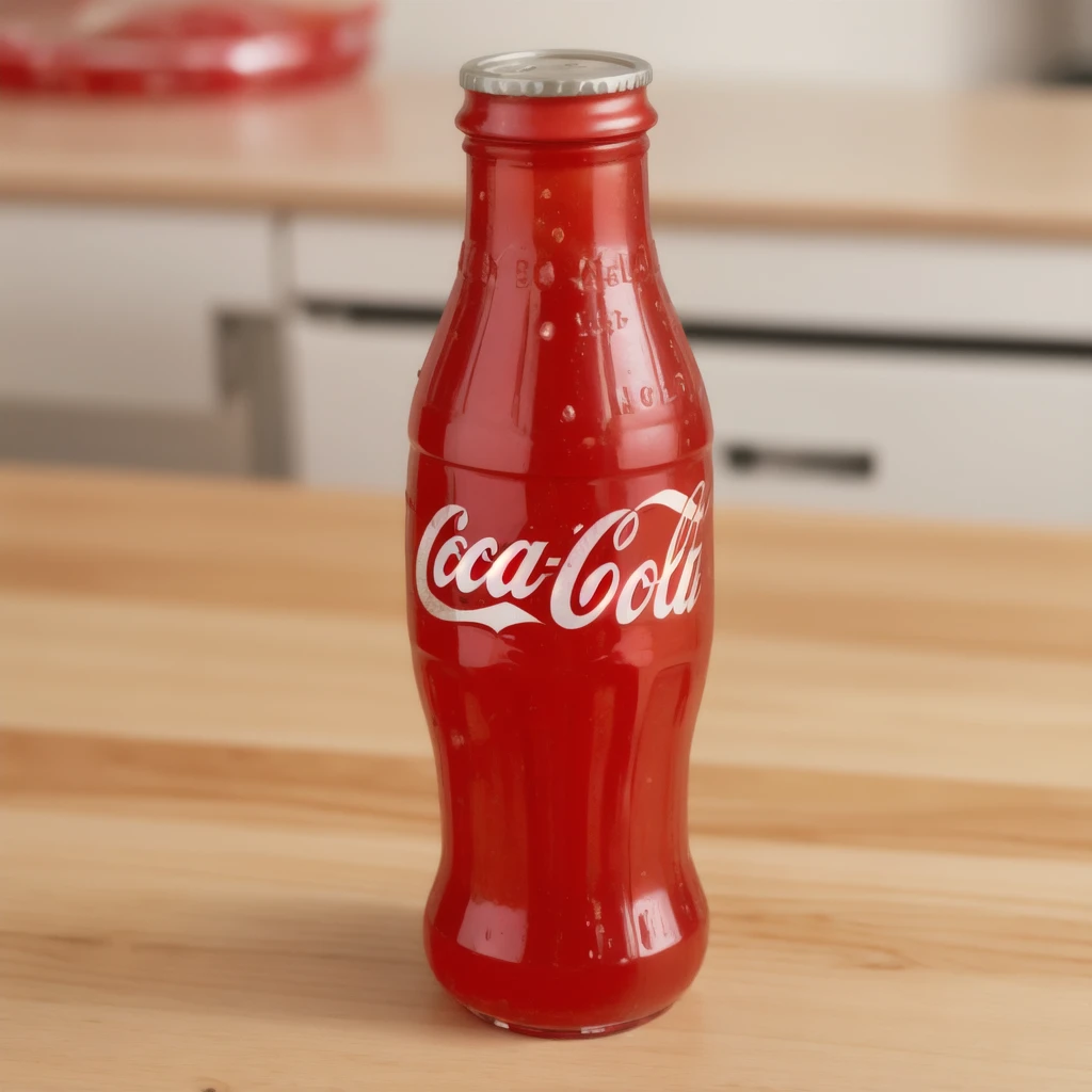 in the kitchen, on a wooden table, a red jelly bottle with a jelly particles inside of it, coca-cola, jelly texture, gummy texuture, candy, realistic texture, realistic style, detailed texture, high quality, high resolution, high quality rendering, realistic photo, brightning light, macro photo, ultra hd 4k
