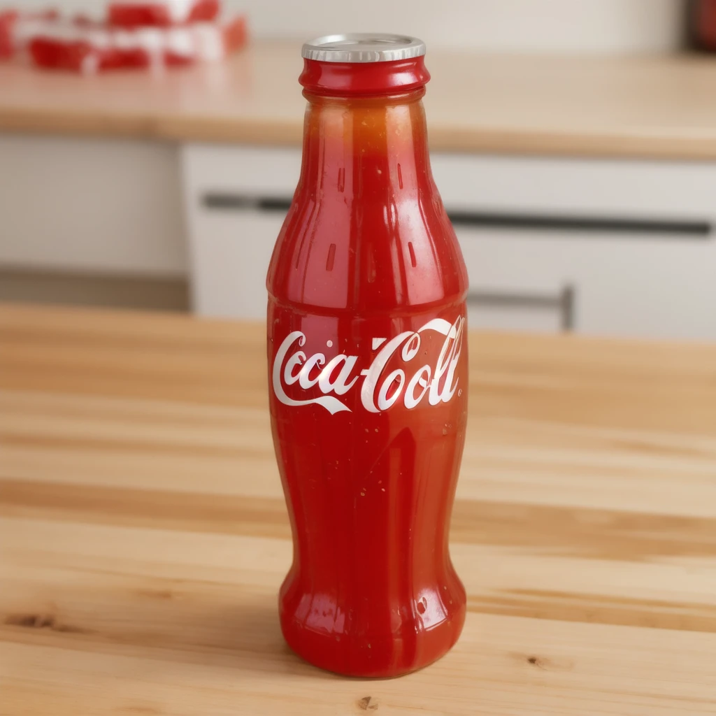  in the kitchen, on a wooden table, a red jelly bottle with a jelly particles inside of it, coca-cola, jelly texture, gummy texuture, candy, realistic texture, realistic style, detailed texture, high quality, high resolution, high quality rendering, realistic photo, brightning light, macro photo, ultra hd 4k
