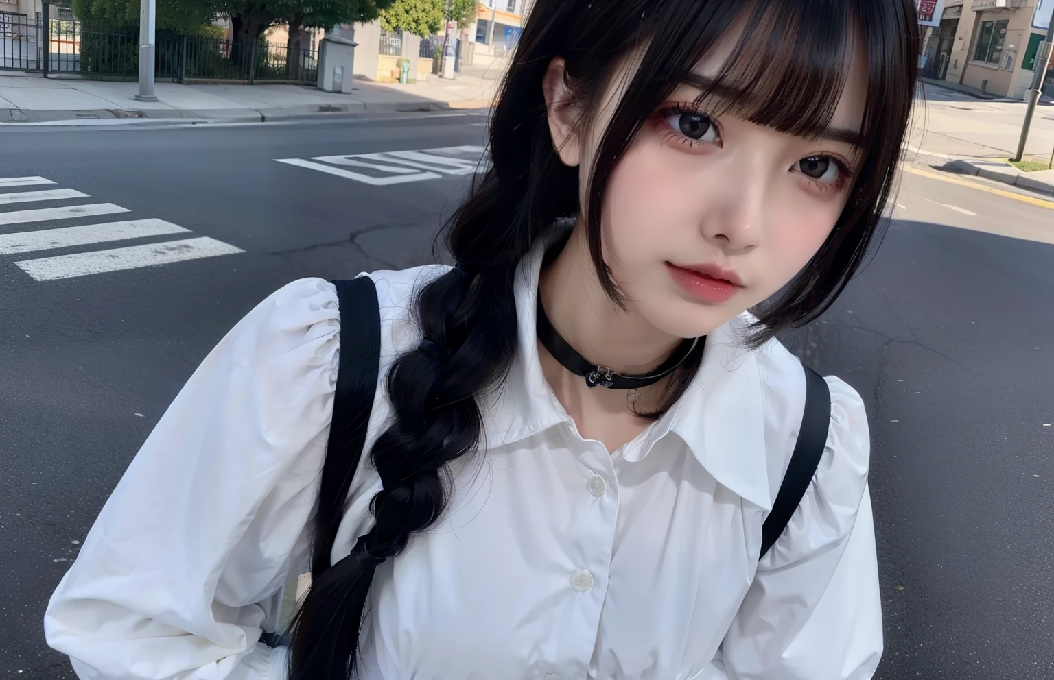 top-quality、8K、32k、masterpiece、nffsw:1.2)、1girl in、A darK-haired、braid、Heavy bangs、long sleeved shirt、length hair、School Uniforms、Chest emphasis、D-cups,choker、after school、Street Snap