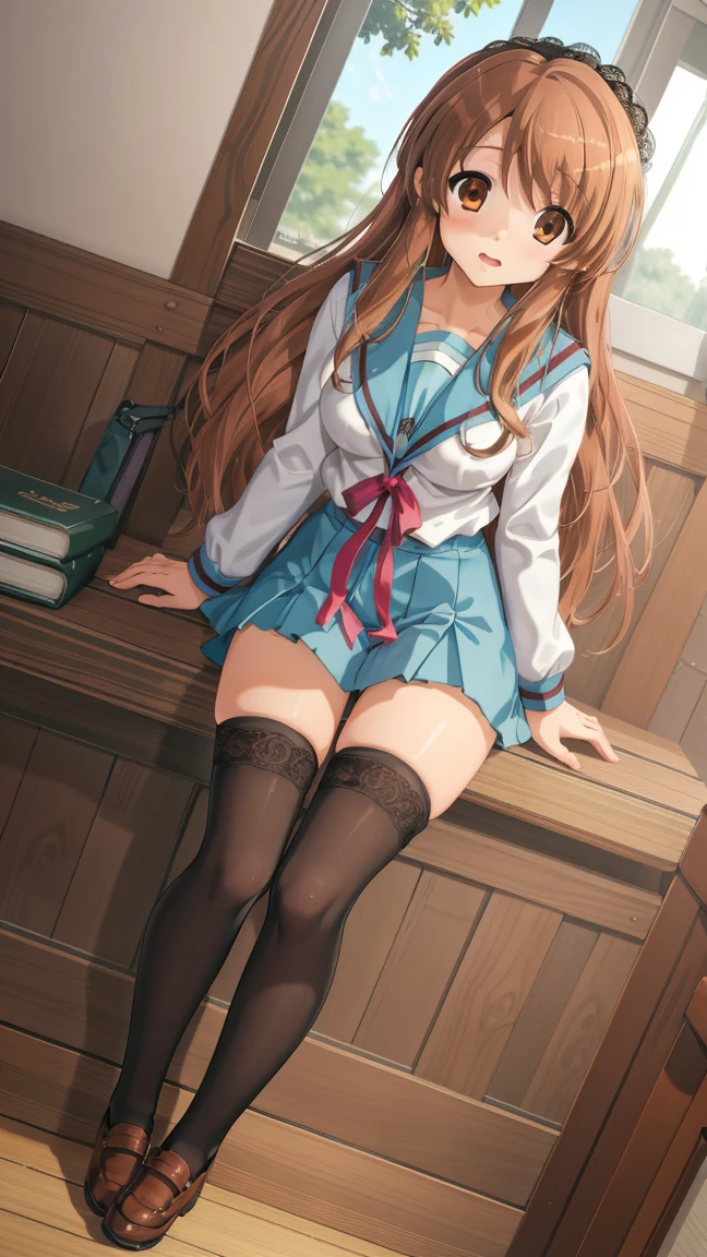 (masterpiece), highest quality, high resolution, illustration, game cg, asahina mikuru, detailed eyes, perfect face, serafuku, pleated miniskirt, thigh highs, school, hallway, (sitting), (knees bent:1.2), (pantyshot), (lace panties)