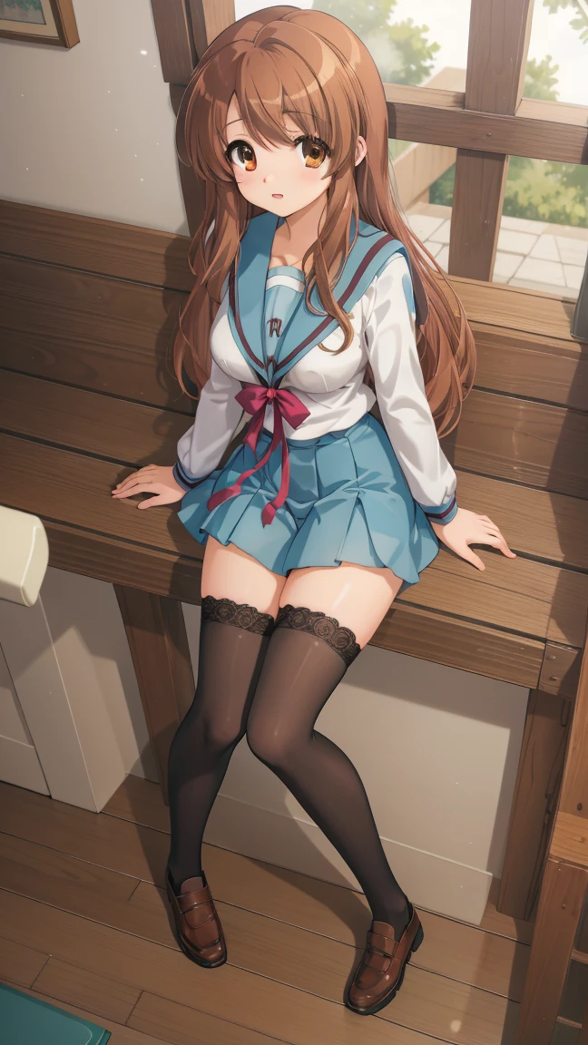 (masterpiece), highest quality, high resolution, illustration, game cg, asahina mikuru, detailed eyes, perfect face, serafuku, pleated miniskirt, thigh highs, school, hallway, (sitting), (knees bent:1.2), (pantyshot), (lace panties)