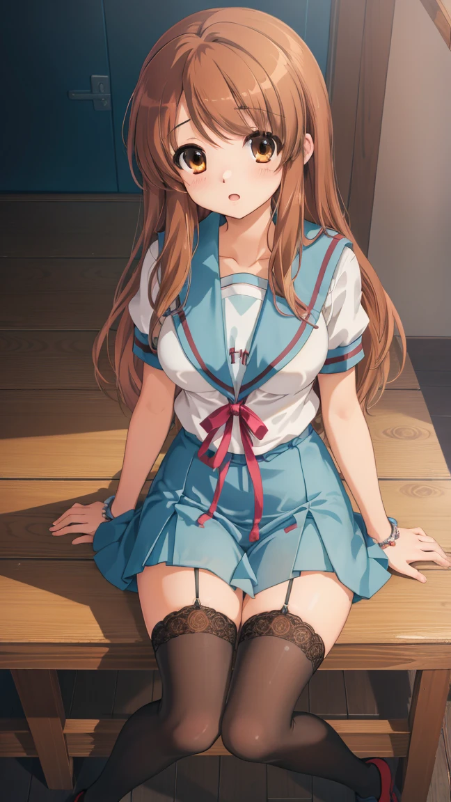 (masterpiece), highest quality, high resolution, illustration, game cg, asahina mikuru, detailed eyes, perfect face, serafuku, pleated miniskirt, thigh highs, school, hallway, (sitting), (knees bent:1.2), (pantyshot), (lace panties)