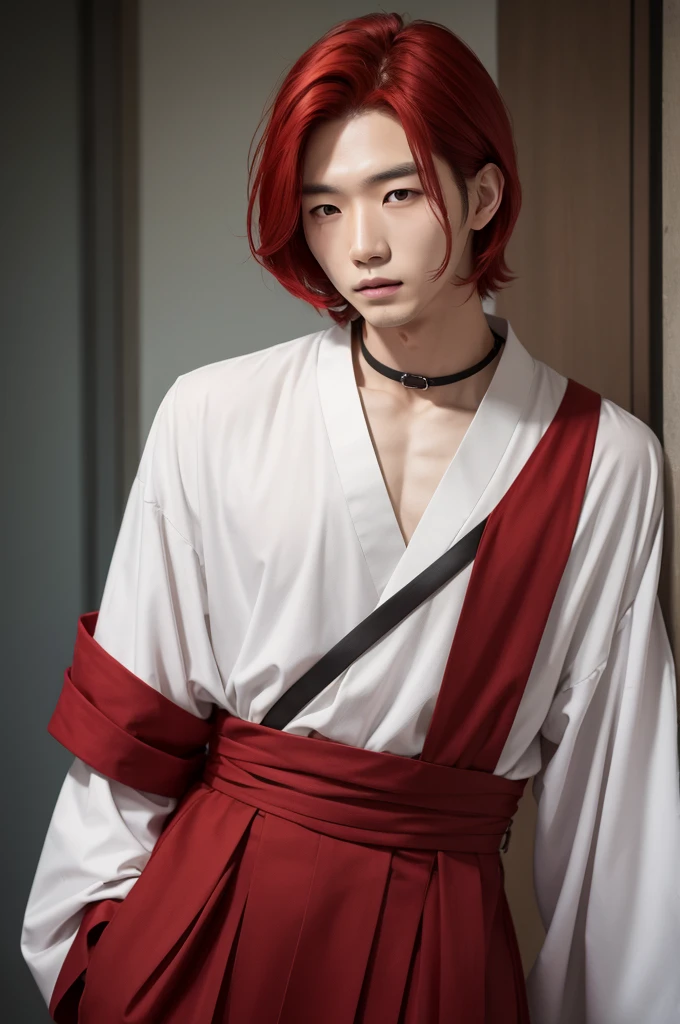 Korean man with shoulder-length red hair
