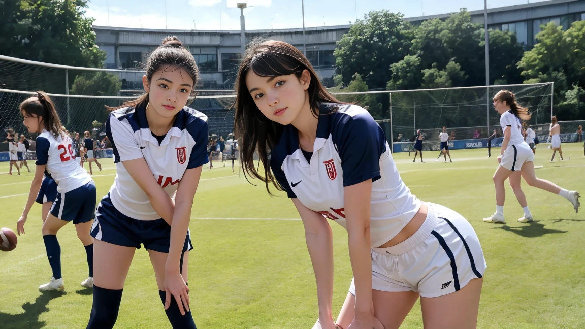 deux femmes ensemble de 18 ans sexy et mince , short sleeve football uniform, salle de classe, se touche,position sey,sensuel