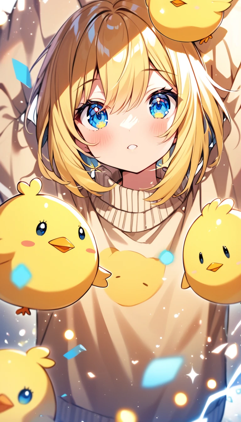 cute yellow chick, cartoon,arms, hands ,cute eyes, looking at viewer, arms up, effects background, particles, random, white background, blue eyes, sweater