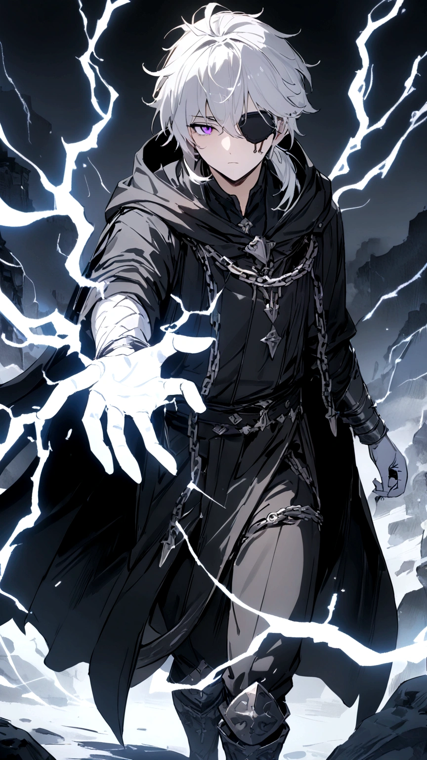 Anime character. A man, he was medieval. 27 years old, large body, cold gaze, cold expression, white skin, short and messy gray hair, ponytail, left eye patch, black clothes, black shirt, dark cape with hood, several chains. frontal camera. Walking under the red moonlight. White electricity emanating from his body, black electricity emanating from his left hand. Iris of the right eye glowing white. Thunderous white lightning. (best quality, 4k, 8k, high resolution, masterpiece: 1.2)