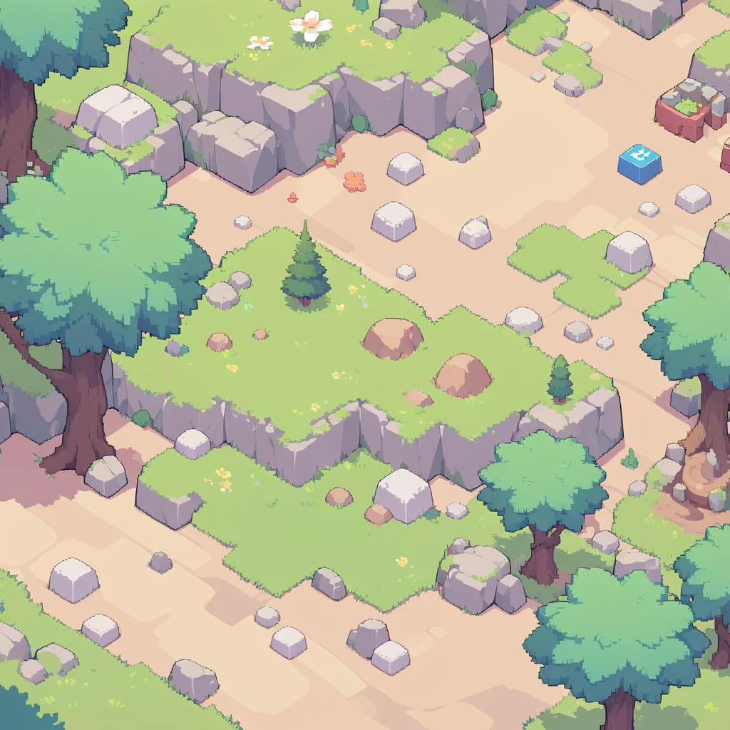 retro video game style,pixelated, vibrant pastel colors,8-bit characters,blocky shapes,sharp lines,detailed shading,classic gaming vibe,nostalgic atmosphere,classic arcade games,masterpiece:1.2,ultra-detailed,illustration style, 2d texture, stone texture, 4 k seamless mud texture, video game texture, dirt texture, tileset, game tiles, grass, trees, rock texture, detailed trees, topdown view, game texture, game art, tileable texture, very detailed cliff texture, intricate stones, top down view, 3/4th perspective