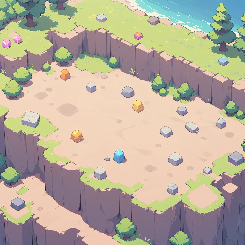 retro video game style,pixelated, vibrant pastel colors,8-bit characters,blocky shapes,sharp lines,detailed shading,classic gaming vibe,nostalgic atmosphere,classic arcade games,masterpiece:1.2,ultra-detailed,illustration style, 2d texture, stone texture, 4 k seamless mud texture, video game texture, dirt texture, tileset, game tiles, grass, trees, rock texture, detailed trees, topdown view, game texture, game art, tileable texture, very detailed cliff texture, intricate stones, top down view, 3/4th perspective