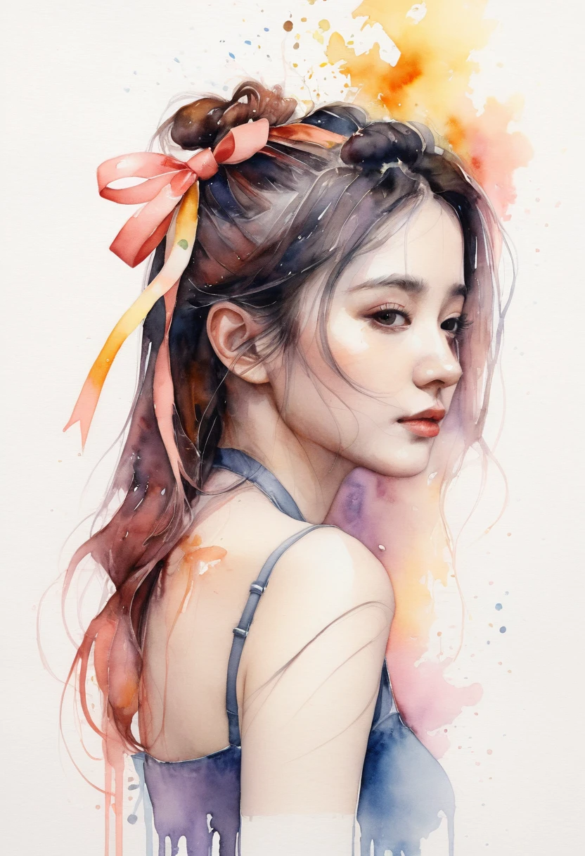 (8k, best quality, masterpiece:1.2),(best quality:1.0), (ultra highres:1.0), watercolor, a beautiful woman, shoulder, hair ribbons, by agnes cecile, half body portrait, extremely luminous bright design, pastel colors, (ink:1.3), autumn lights,
