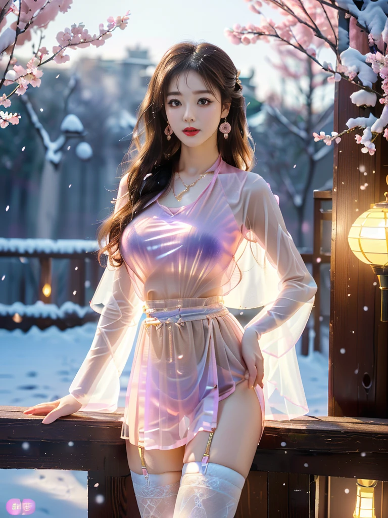 An Asian Chinese female model, Night rainy background, (8K Ultra HD, Digital SLR Camera, Soft Light, high quality, Volumetric Lighting, frank, photo, high resolution, 4K, 8K, Bokeh), (Create stunning images of real girls, warm light, Dynamic poses, Elegant Posture, Cowboy lens, Full body front view, From the front，Be confident, Front of the body facing the camera, Standing posture facing the camera, Open your legs slightly, Golden Ratio Graphics, Minimalism), (Show a charming smile, Willow Leaf Eyebrows, big eyes, Apricot eye prick, Cherry Blossom, Balanced Eyes, Oval face, Pretty Face, Normal facial features, Skin is transparent and visible, Thin skin and tender meat, cosmetic, earrings, bracelet, necklace, Jewelry, veil, Hair accessories), (Brown hair, Wavy curly hairstyle, Waist-length hair, Messy Hairstyle, Gradient hairstyles, Cyberpunk hairstyle), (Transparent clothes：1.5, Pink purple clothes, Thin clothes, Transparent mesh clothes, Transparent clothes, Transparent mesh Hanfu,Ultra-fine three-point underwear), (Sexy, Perfect breast shape, Teardrop-shaped chest shape, Snow-white breasts, very detailed breasts, 34E cup), (Super high waist clothes, Waist hollow, Levain), (Black socks, Clear knee-length socks, 吊garter, Leg ring, garter, 腿部garter)