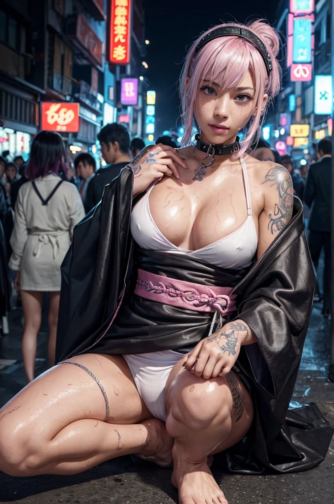 Highest quality、Surreal、Perfect Anatomy、crowded busy street、Surrounded by spectators、crowd、Wet and shiny white skin、Sweat dripping down my body、Slender model figure、Ahegao、Silver and pink hair、soaked through、Super small face、Collar and leash、Big cleavage、Cyberpunk City、photo shoot、Maid、Japanese sword、tattoo、((whole bodyにタトゥー)),(Arms covered in tattoos),(whole bodyをA body covered in tattoos), (A body covered in tattoos),((Collar with leash)),(Lockに繋がれた少女),Women in ecstasy,climax,Acme,Detailed skin texture, Detailed face, Fine grain, ((whole body)),((Gorgeous kimono)),(((City of night))),((darkness)),((頭からfootまで)),((Lock帷子)),(((Lock))),(foot),(((Wrapped in a cloth))),
