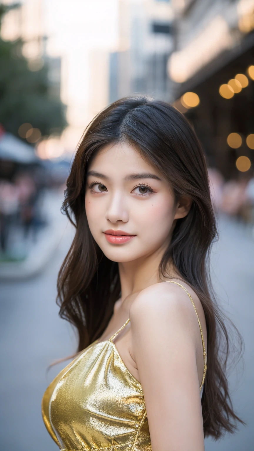 ((Best quality, 8K, masterpiece:1.3)),1girl,18 years old,Asian,Real texture:1.3,(Background blur:1.1),Gorgeous long dress,Tall and slender figure:1.2,(Hot summer weather),(street:1.3),Highly detailed face and skin textures,Exquisite eyes,Long eyelashes,Double eyelids,Skin Whitening,happy,Various postures,Big breasts