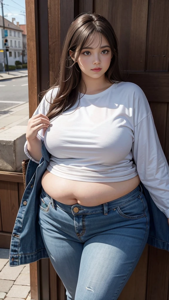 Femme très grosse, profil, debout de profil , Makima, bbwchan, cheveux rouges et yeux jaunes, double menton, elle carresse son gros ventre mou et rebondi, full belly, aftermath, gros ventre rond, en forme de boule sous le jean taille haute. Elle porte un jean taille très haute et un haut en dentelle, belle lumière sur elle, magnifique femme obese